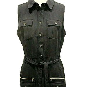 SHARANGANO Navy Blue Collared Tie Waist Dress